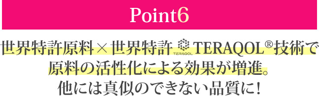 世界特許原料×世界特許TERAQOL®技術で原料の活性化による効果が増進。他には真似のできない品質に！